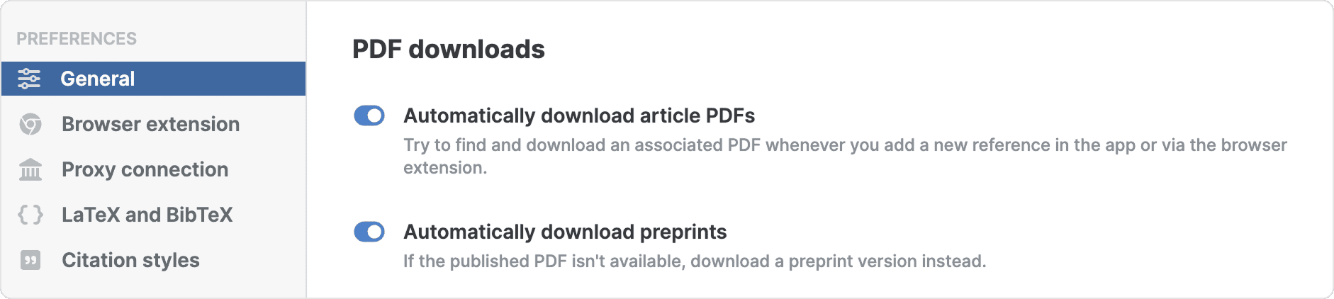 Settings › General showing the PDF downloads section with “Automatically download article PDFs” and “Automatically download preprints” both switched on, each with an explanatory line.